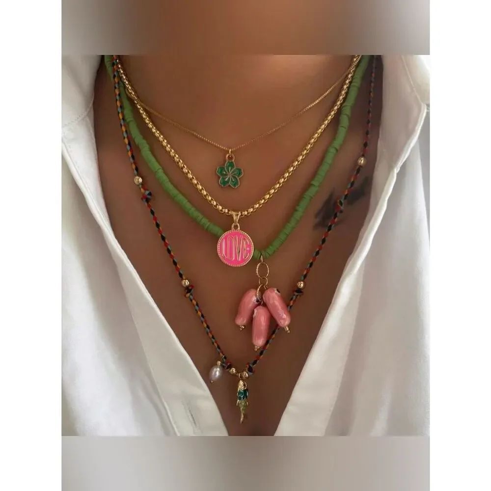 Green and Pink Layered Charm Necklace Set A2031